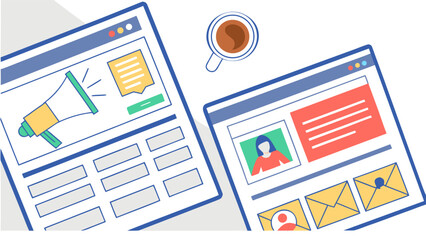 Digital marketing strategy with a megaphone on a website and email notifications on another screen next to a coffee cup