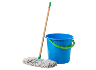Blue mop bucket with wooden handle mop isolated on transparent background