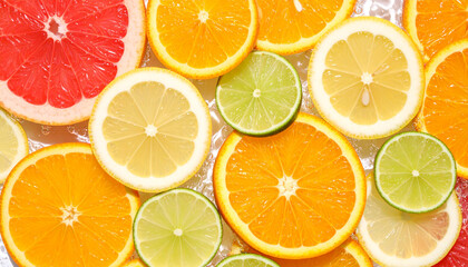 Citrus Burst- Brightly colored citrus slices lemon, lime, orange arranged artfully