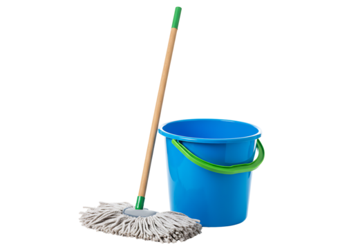 Blue mop bucket with wooden handle mop isolated on transparent background