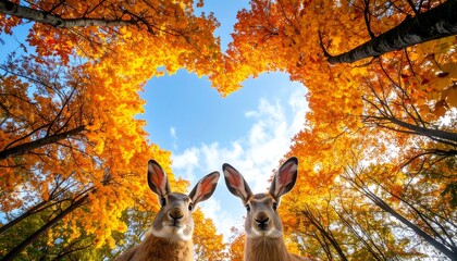Two rabbits gaze upward, framed by heart-shaped autumn foliage against a bright blue sky