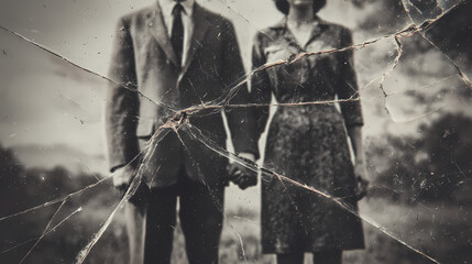 Photograph of couple held in work-gloved hand, shallow focus on cracked image and worn fingertips. Illustration
