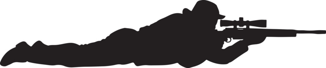 A strong black and white silhouette of a sniper in a prone position, symbolizing military operations, precision shooting, hunting, and tactical warfare