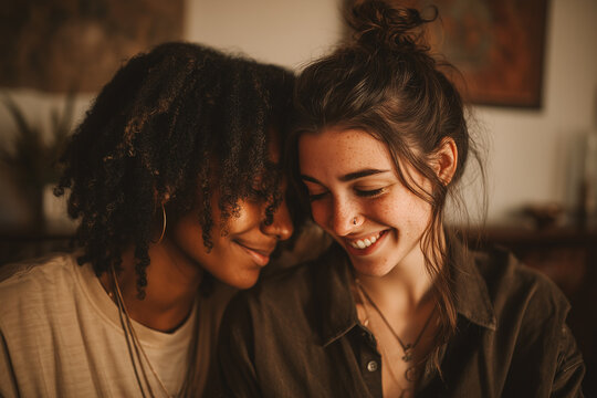 Realistic LGBTQ+ couple at home, loving moment, cozy lighting, diverse, genuine emotion, modern interior