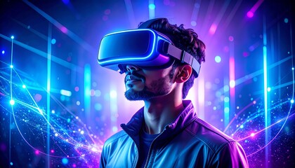 Futuristic person wearing VR headset surrounded by glowing holographic interfaces

