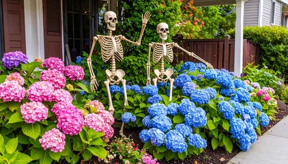 Two skeletons playfully pose amidst vibrant pink and blue hydrangeas flanking a house entrance