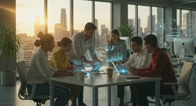 Dynamic team collaborates on futuristic holographic data analysis in modern office at sunset