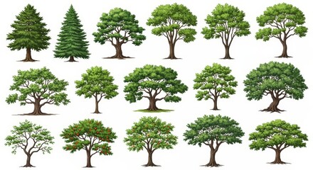 Fototapeta premium Collection of Green Trees - Various types of lush green trees isolated on a white background. Ideal for landscaping, environmental, and nature-themed projects
