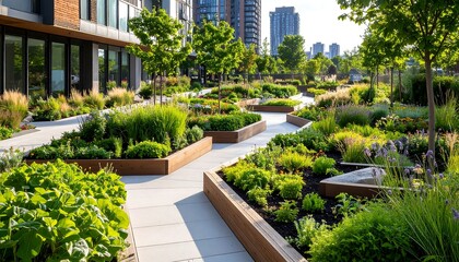 Urban rooftop garden with raised planting beds and pathways