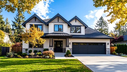 Two-story house, white and dark accents, autumn foliage