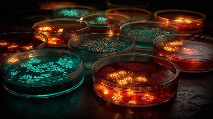 Petri dishes glow with vibrant life revealing microbial colonies a dance of science with glowing bacteria