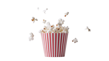Bursting Popcorn in Red and White Striped Container with Pieces Flying in Air on Transparent Background