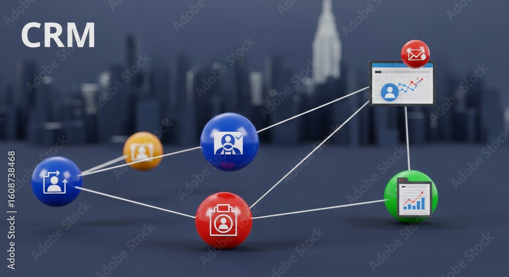Poster crm system network integration - illustrative showing a crm system's network connectivity and data i