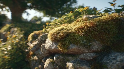 Obraz premium Moss-covered stones in a sunny garden setting.