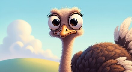 Cute Ostrich Cartoon - Adorable cartoon ostrich with big eyes, looking curious. Perfect for children's books, websites, or animation projects
