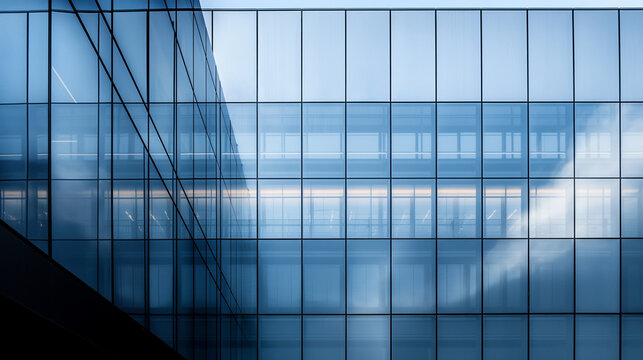 Modern glass building facade reflecting blue sky and interior architecture