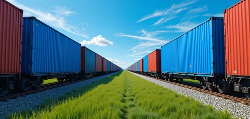 Obraz premium Long freight trains with blue and red containers aligned symmetrically under a bright sky with