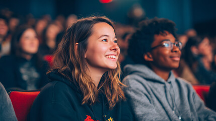 diverse friends watching film at local theater culture event