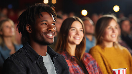 diverse friends watching film at local theater culture event