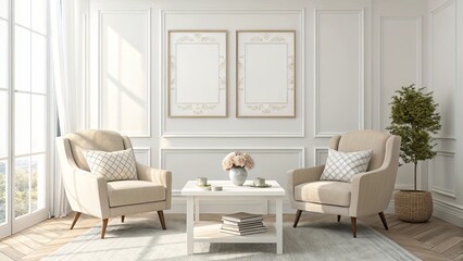 Fototapeta premium Elegant Living Room with White Frames: Natural Lighting and Soft Furnishings