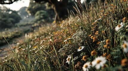 Summer meadow with blooming daisies, grasses and wildflowers. Soft morning light, blurred trees on background
