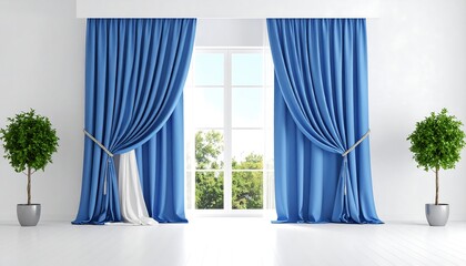 Bright room with blue curtains