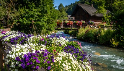 Vibrant flowers bloom along a wooden fence beside a rushing stream, with a rustic building and bridge in the background