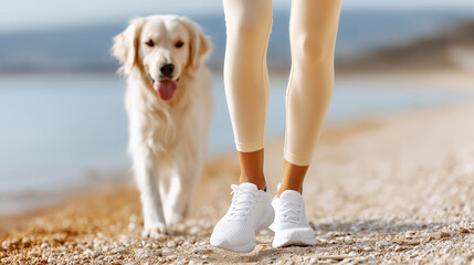Woman walking dog on beach wearing white sneakers in bright sunlight