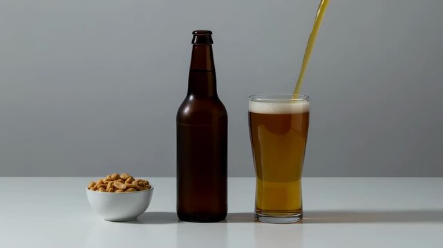 Bottle of golden lager beer pouring into a glass, creating foam on light surface with bowl of peanuts, beverage footage.