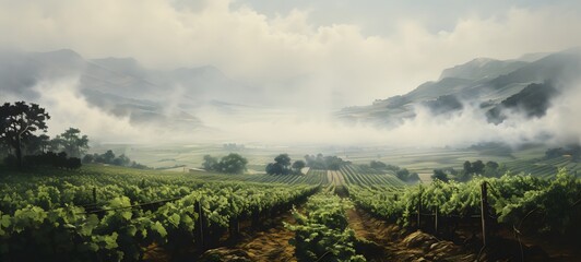 a light Vineyard , coming out of the smoke , generative AI