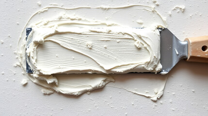 wall putty texture on a scraper before application, showing the thick consistency, smooth spreadability, and preparation process for filling cracks and surface imperfections