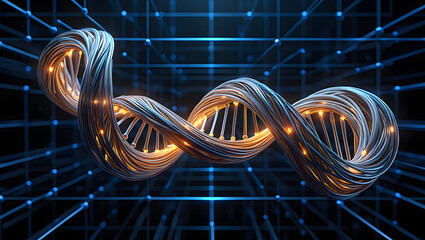 Abstract DNA Strand in a Futuristic Grid Glowing with Light Biological Technology and Genetic Research Visualization