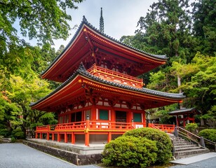 Vibrant red pagoda nestled in lush green foliage, steps leading to entrance
