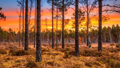 Vibrant sunset hues paint the sky over a tranquil pine forest, illuminating the autumnal landscape