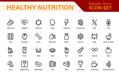 Healthy Nutrition Icon Set. Includes vegetables, fruits, vitamins, water, fiber, protein, carbs, healthy fats, and planning tools. Solid and modern icon collection.