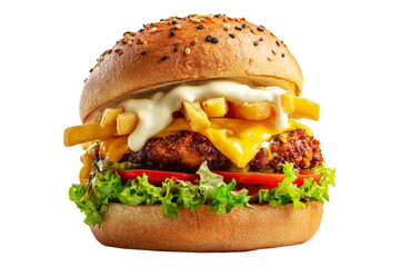 Australia Aussie crispy chicken burger with cheddar cheese, fries, lettuce, tomato, pickles and mayo on sesame bun, isolated on white transparent background