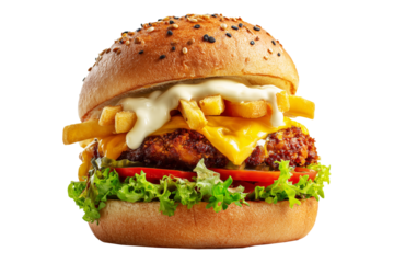Australia Aussie crispy chicken burger with cheddar cheese, fries, lettuce, tomato, pickles and mayo on sesame bun, isolated on white transparent background