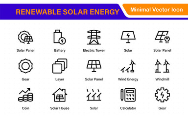 Renewable solar energy icons with sun-powered PV panels, smart inverter, energy meter, OTG setup, battery bank, charge controller, and green home power system elements.