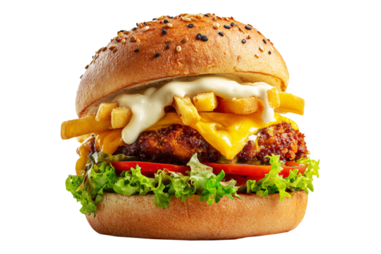 Australia Aussie crispy chicken burger with cheddar cheese, fries, lettuce, tomato, pickles and mayo on sesame bun, isolated on white transparent background