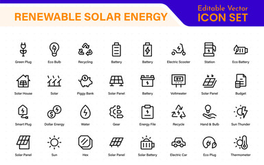 Naklejka na ściany i meble Renewable solar energy icons with sun-powered PV panels, smart inverter, energy meter, OTG setup, battery bank, charge controller, and green home power system elements.