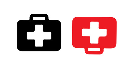 Fototapeta premium Black and red first aid kit icons displayed on a clean white background surface view