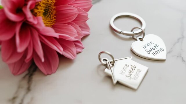 Heart, house keychains and pink flower rest on a marble background