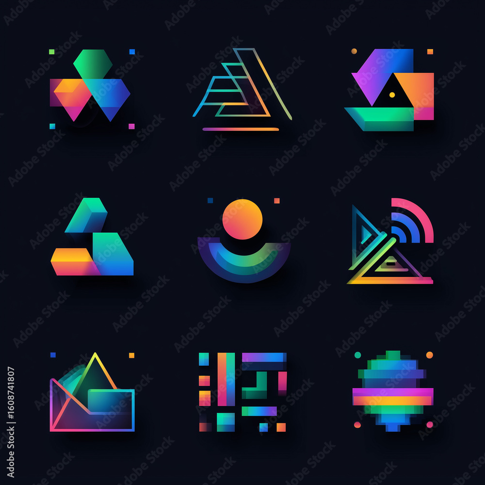 Poster modern abstract geometric icons with vibrant gradient colors for tech and design branding