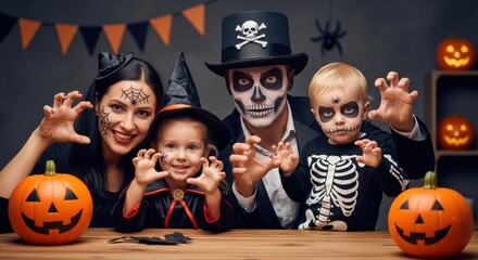 Happy Halloween Family Skeleton Costumes and Pumpkin Decorations
