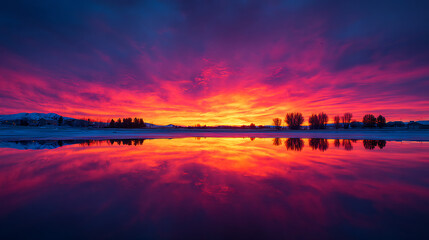 crimson sky reflection over icy frozen winter pond