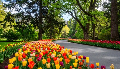 Winding path bordered by vibrant tulips in a lush park setting