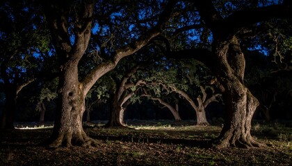 Nighttime forest with illuminated trees