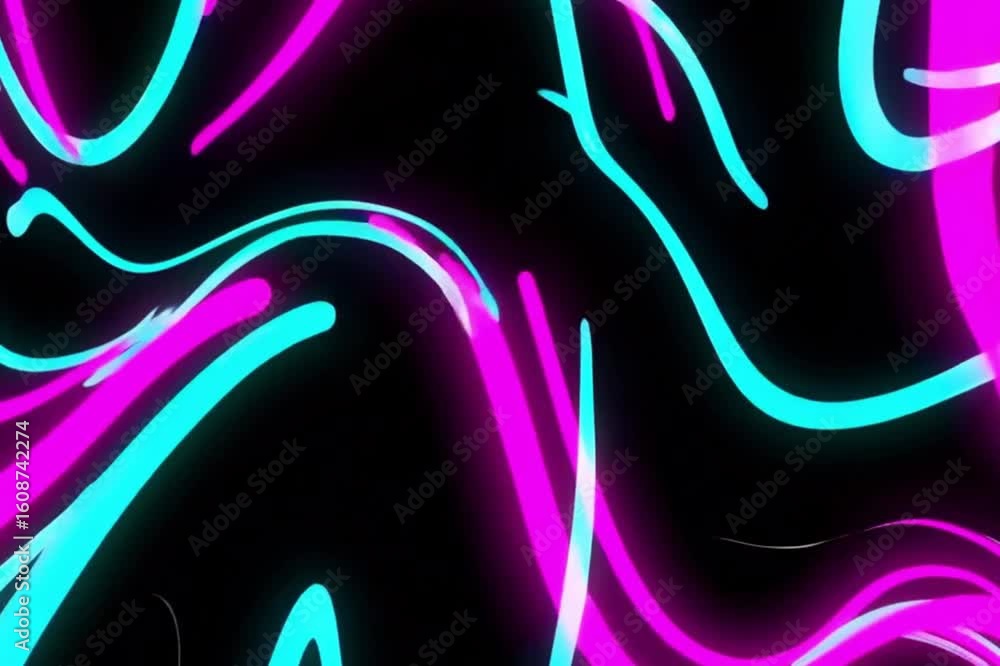 Poster abstract flowing neon lines in vibrant blue and pink colors against a black background, creating a d