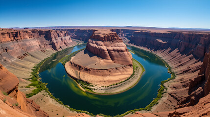 Panoramic aerial view of Horseshoe bend on the Colorado river near Page in summer, Arizona, USA United States of America. Incised intrenched meanders of stream in Glen Canyon National Recreation Area