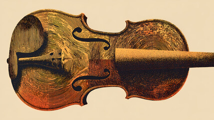 Spiral violin form in ochre layers and deep grain, screenprint aesthetic, ideal for music poster design. Illustration